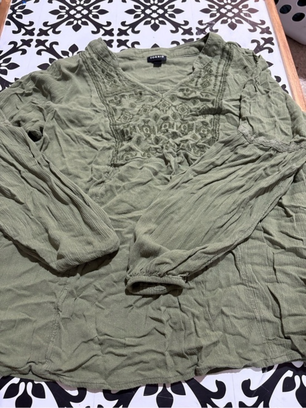torrid olive green embroidered V-neck peasant top